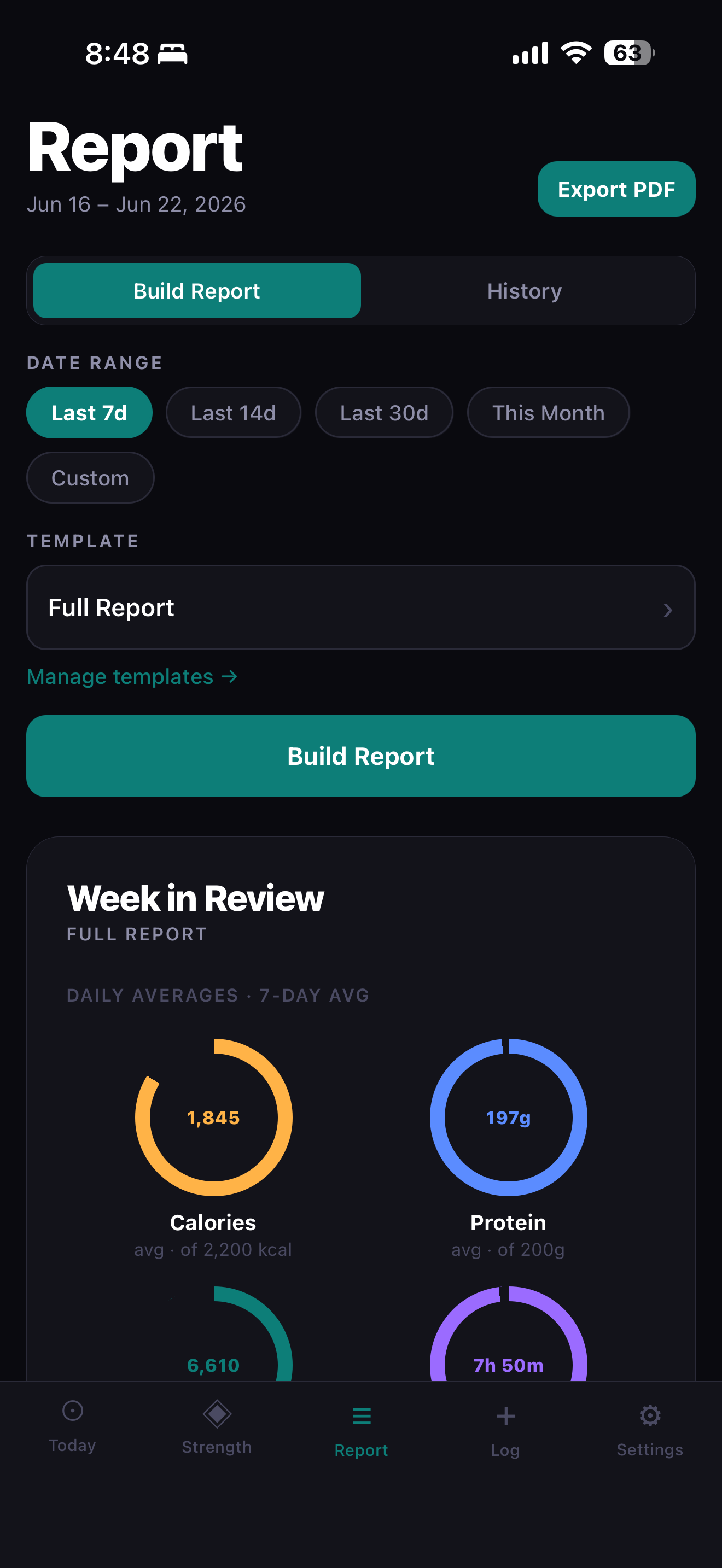 ATR Report screen — shareable health summary
